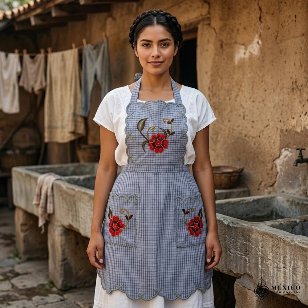 Mexican Embroidered Bib Apron for Women – Multicolor with Floral Design